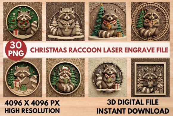 3D Christmas Raccoon Laser Engrave File: Festive Woodland Charm