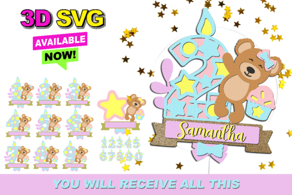 Charming Teddy Bear Numbers Topper 3D SVG