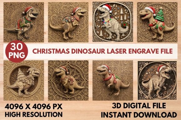 Festive 3D Christmas Dinosaur Laser Files for Holiday Crafting