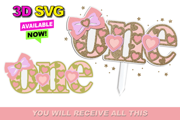 Pink Bow One Birthday Topper 3D SVG for Crafting
